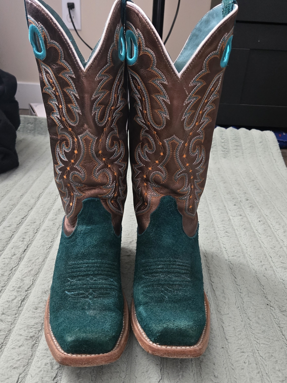 Ariat Teal Green and Brown Suede Western Heeled Boots